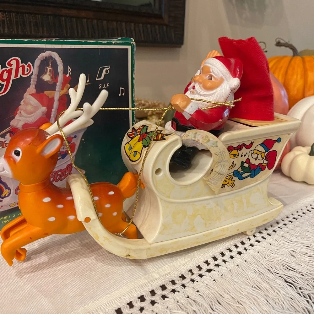 Vintage S.J.F. Happy Reindeer Sleigh Santa Christmas Musical Decoration